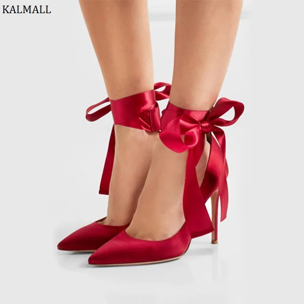 

KALMALL Red Lace-Up High Heels Women Shoes Pointed Toe Stiletto Heels Women Pumps Bow-tie Ankle Strap Dress Shoes Zapatos Mujer