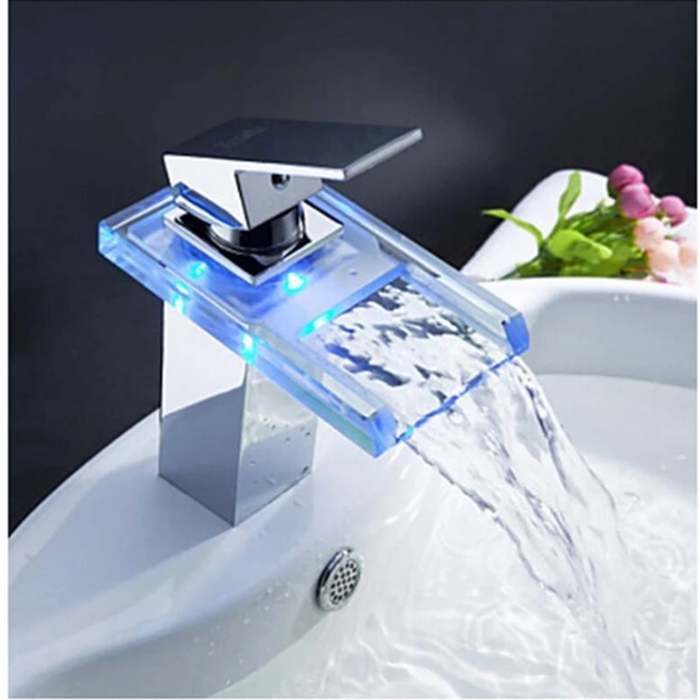 

Uythner Free Shipping Polish Chrome LED Waterfall Spout Bathroom Basin Faucet Modern Square Sink Mixer Tap