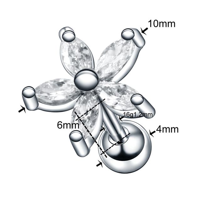 Steel Crystal Flower Ear Cartilage Helix Orelha Ear Stud Tragus Barbell Piercing Labret Lip Rings Sexy Charming Jewelry 16G