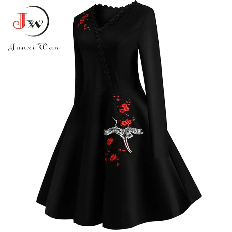 4XL размера плюс женское винтажное платье с вышивкой кружевное черное элегантное облегающее вечернее платье с длинным рукавом повседневное осенне-зимнее Vestidos