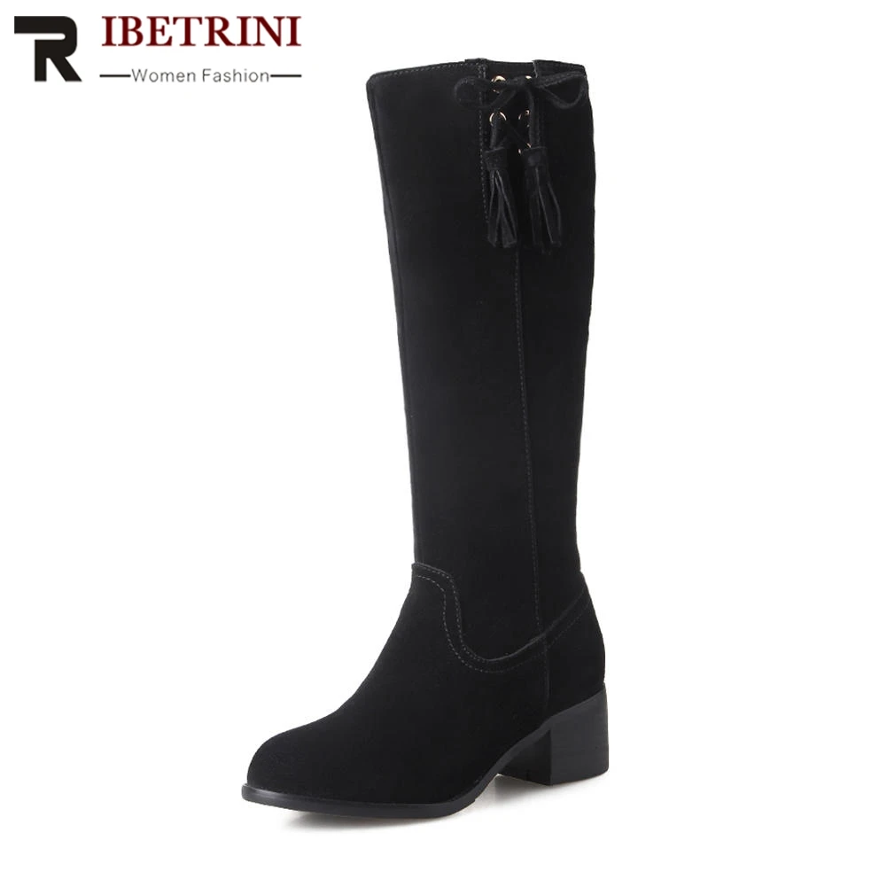 

RIBETRINI New Fashion Cow Suede Lace Up Round Toe mid-calf Zip Ladies Boots 4 Kinds Lining For Option 33-43 Large Size