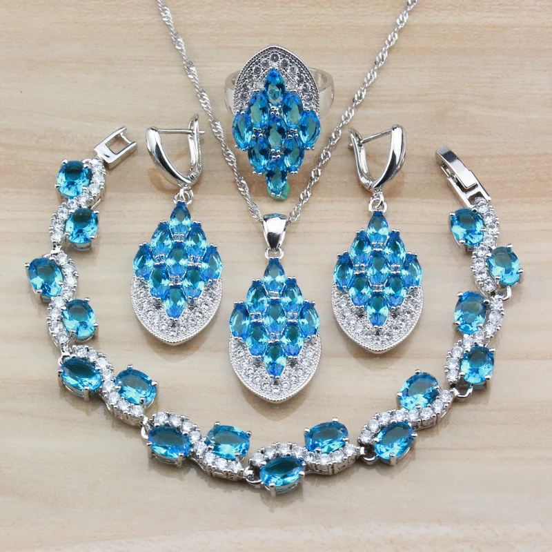 

2019 New Arrival Tredny Fashion Accessories Sky Blue Zircon 925 Sterling Silver Jewelry Sets For Women Free Gift Box