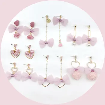 

Pink Bow Knot Pendant Heart Pearl Cute Crystal Drop Earrings Sweet Korean Earrings for Women Hot Spring Jewelry