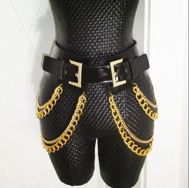 

GogoVlike 2016 Women sexy female tassel belt girdle PU Leather gold metal exaggerated big waistbelt punk bar chain belt BT043