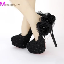 Black Lace Appliqued Evening Dress Shoes Beautiful Side Appliques Party Prom High Heels Flowers Pearl Bridesmaid Shoes Platforms