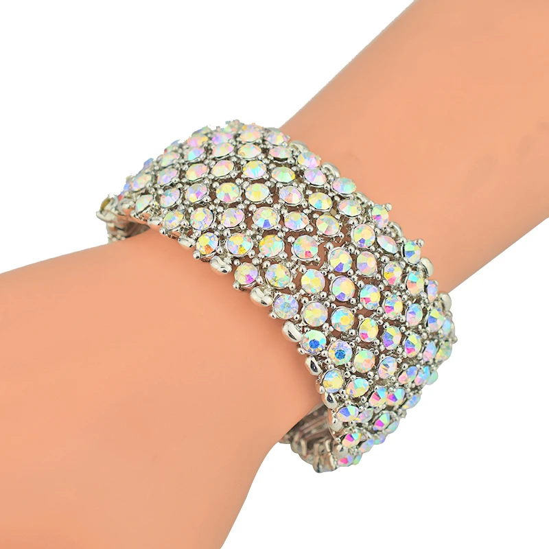 

2018 New Fashion Summer Charm Bracelets for Women Silver AB Color Crystal Rhinestone Wide Bracelet Female Jewelry Accessories