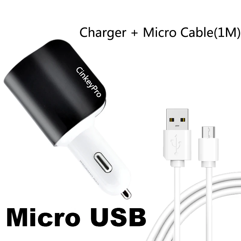 CinkeyPro автомобильное зарядное устройство прикуриватель адаптер 3.1A 2 порта USB телефон адаптер зарядки Micro type C кабель для iPhone samsung - Тип штекера: Micro Black