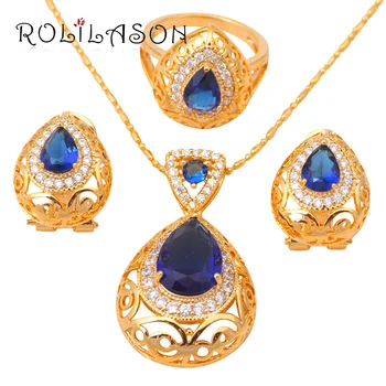 

ROLILASON Gold Tone Blue zirconia Crystal Health Nickel & Lead free Earring Necklace Ring size #6.75 #7.5 #8.5 Jewelry Set JS307