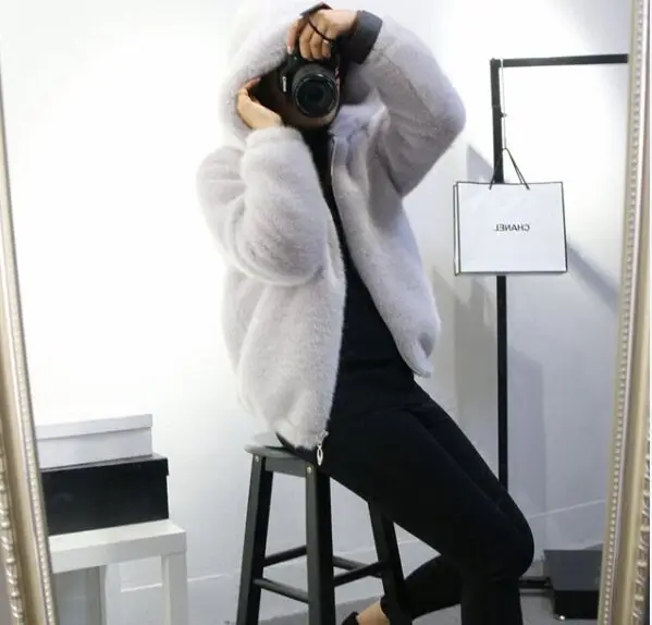 Зима мех кролика пальто с капюшоном пальто толстый слой большой ярдов свободно случайные пальто - Цвет: Серебристый