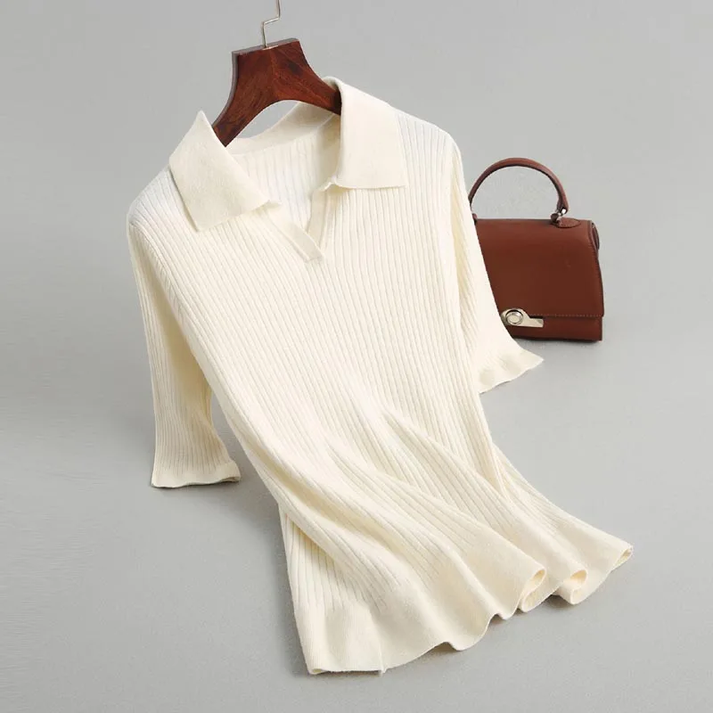 

TX820 Women's Brief Slim Design Half Sleeve Knitted Tops Solid Color Elegant Turn Down Collar Thin Sweater