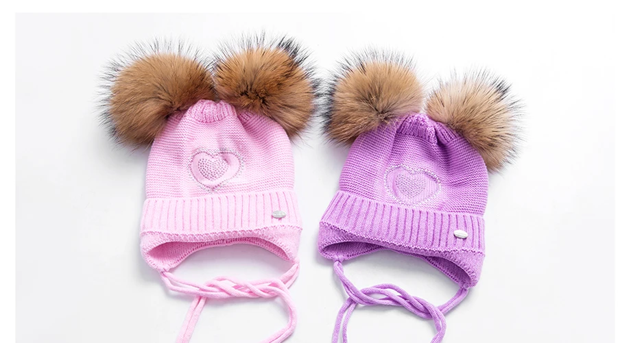 Lovely Girls Beanies Pink Heart-Shaped Rhinestones Knitted Hat With Fur Pom Pom Winter Warm And Thicken Skullies Children Cap (3)
