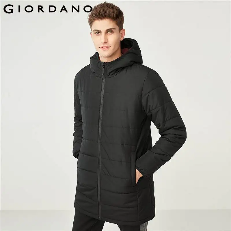 

Giordano Men Jacket Men Solid Color Mid Long Hood Quilted Zip Jacket Men Warm Pockets Windbreaker Banded Cuffs Hombre Jacket