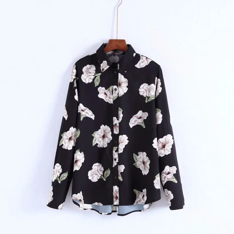 Women Elegant Floral Print Blouse Tops Long Sleeve Turn-Down Collar Button Pleated Shirt Female Casual Loose Top Blusas |
