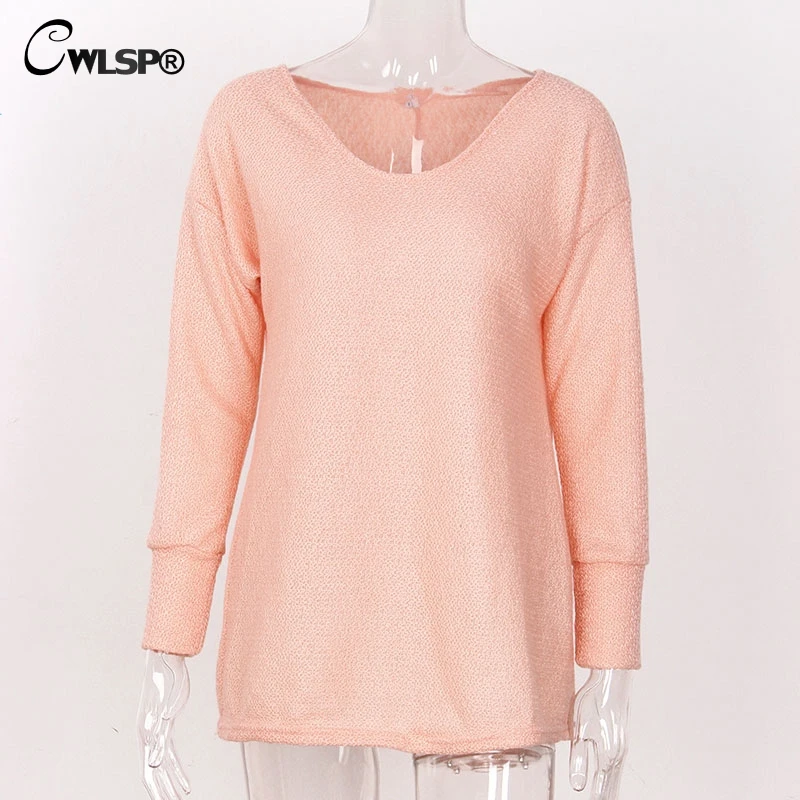 CWLSP Autumn Winter Women V neck Knitted Sweater Loose Long Sleeve Side Split Pullovers  QZ2334