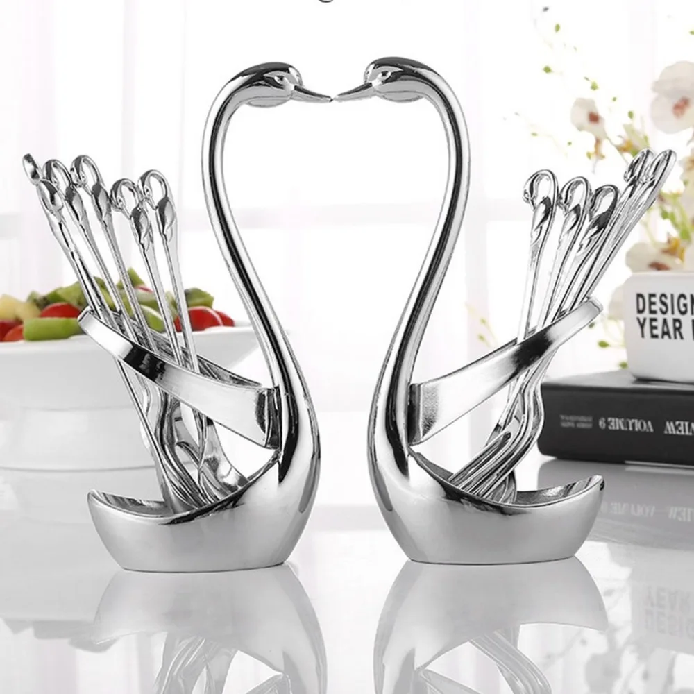  1PCS Zinc Alloy Fork Spoon Tableware Stand Holder Swan Shaped Fruit Food Fork Spoon Knife Base Hold