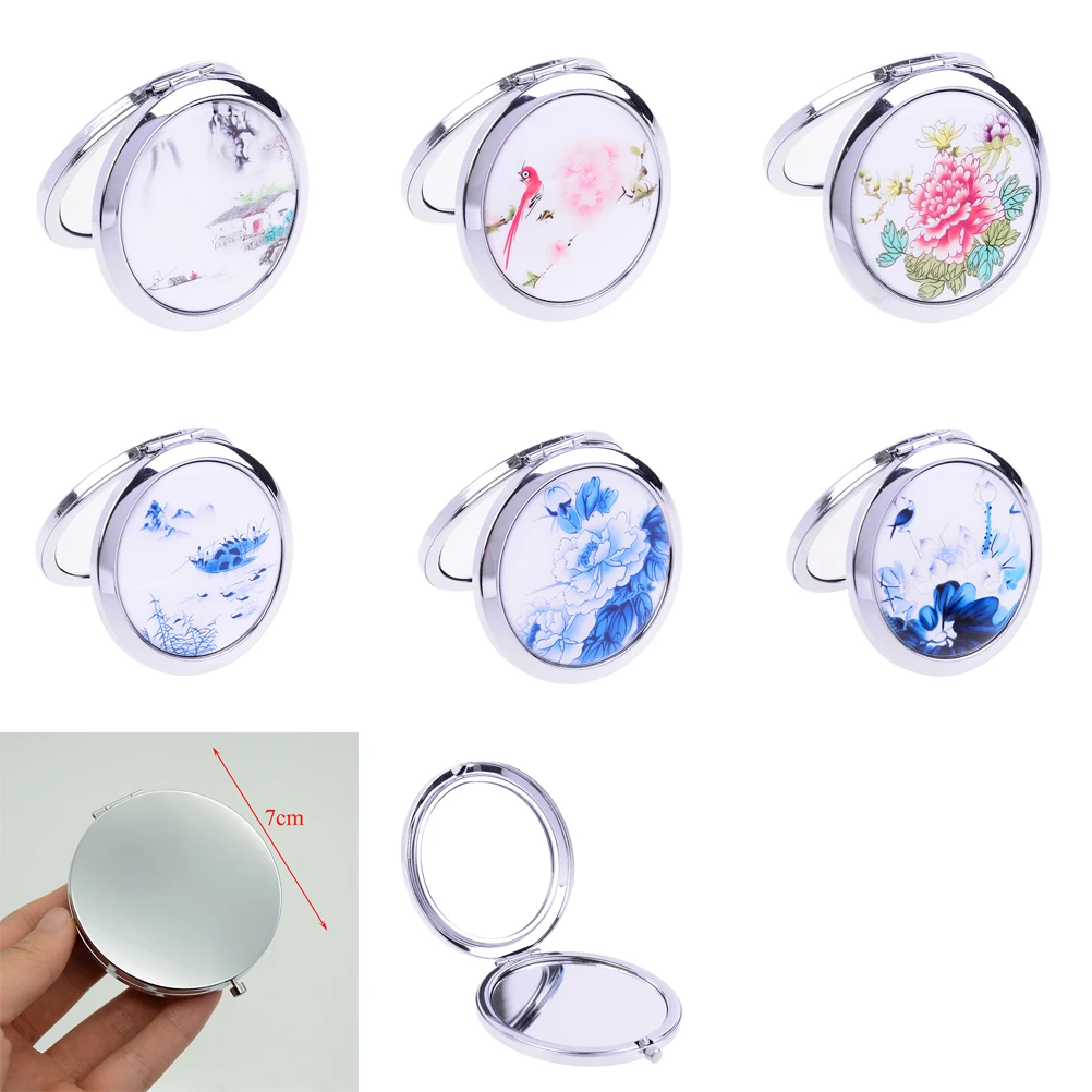 White and Blue Porcelain Mirrors Mini Makeup Compact Pocket Mirror Double Sided Magnifying Folding | Красота и здоровье