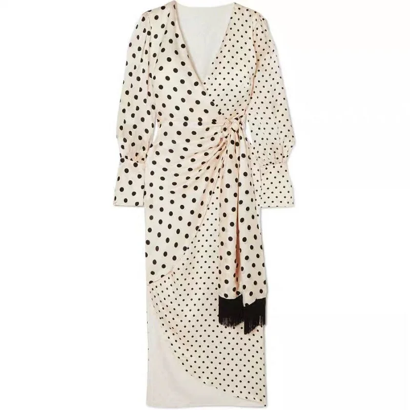 

Fashion Personality V-neck Irregular Hem Dress Girl Elegant Wave Stitching Tie Tassel Slim Dress Party Dress 2019 Summer Clothes