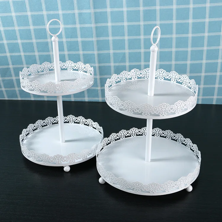 

2 Tiers White Lace Iron Cake Stand Cupcake Holder Display Rack Dessert Fruit Plate Wedding party Cake Decoration