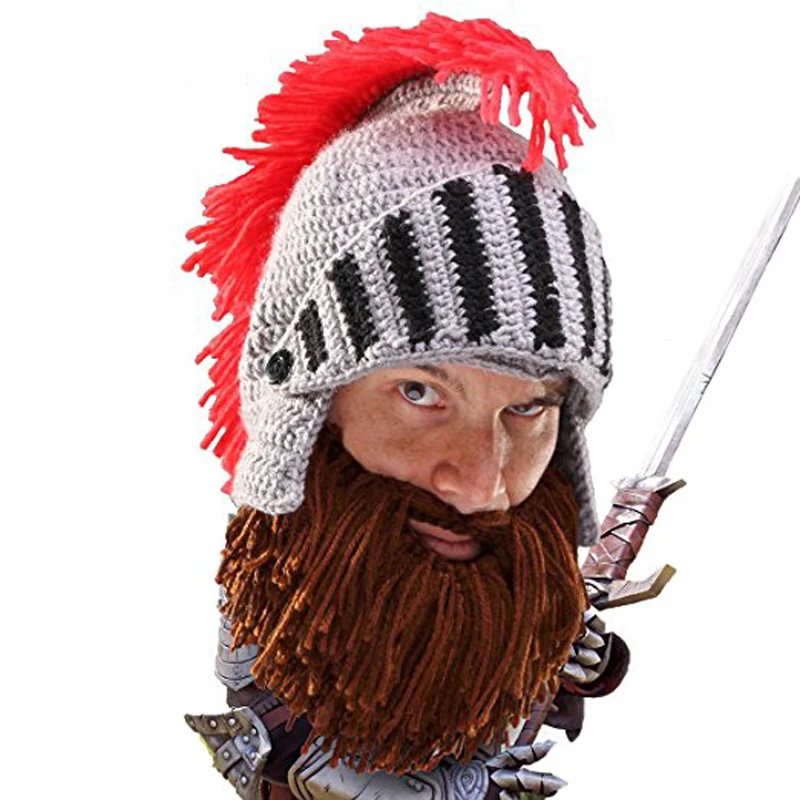 Red Tassel Roman Cosplay Knight Helmet Visor Crochet Knit Beanie Hat