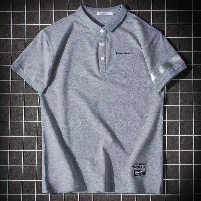 Grey ZY/модные однотонные рубашки в стиле Харадзюку; повседневные свободные рубашки в полоску с буквенным принтом; уличная одежда со стоячим воротником; поло из крокодиловой кожи; Camiseta Polo - Цвет: Grey