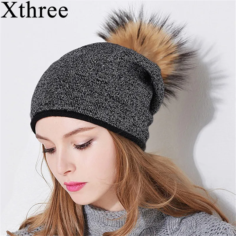 

Xthree women winter hat wool knitted hat beanie with real mink fur pom poms Skullie hat for women girls hat cap feminino