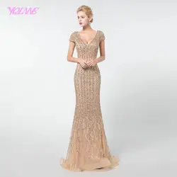 YQLNNE Золотые Длинные платья выпускного вечера Русалка 2019 Стразы штапики v-образным вырезом короткий рукав, Деловое платье