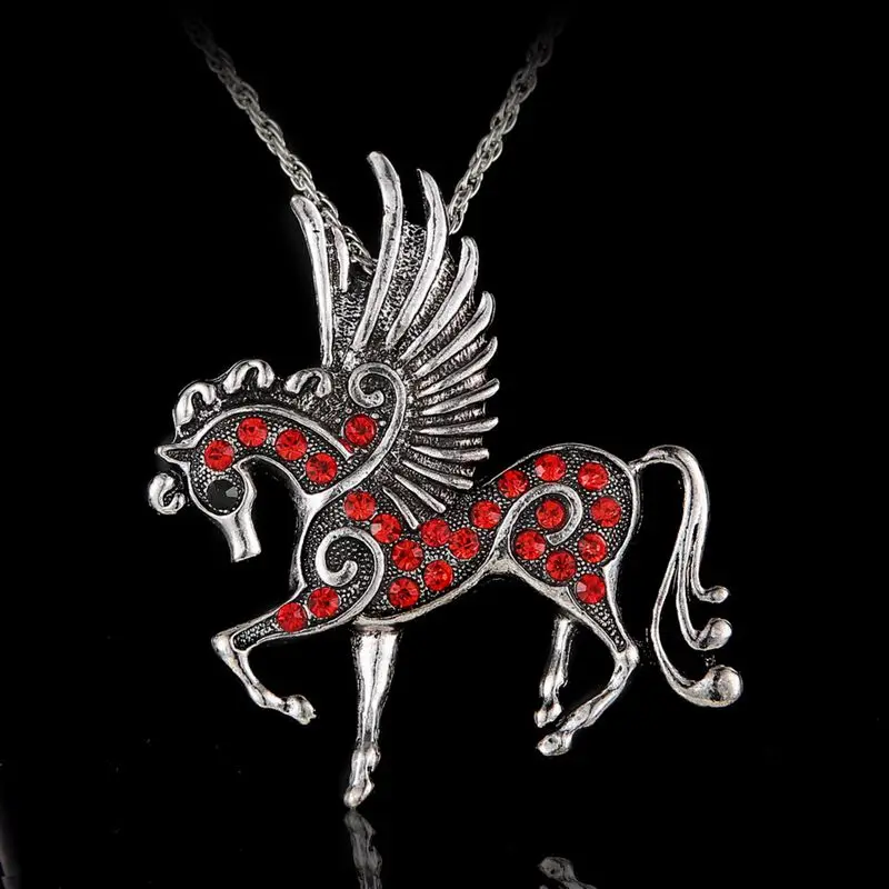 Rinhoo Pegasus Fly Horse Pendant with long Chain Necklace silver Jewelry