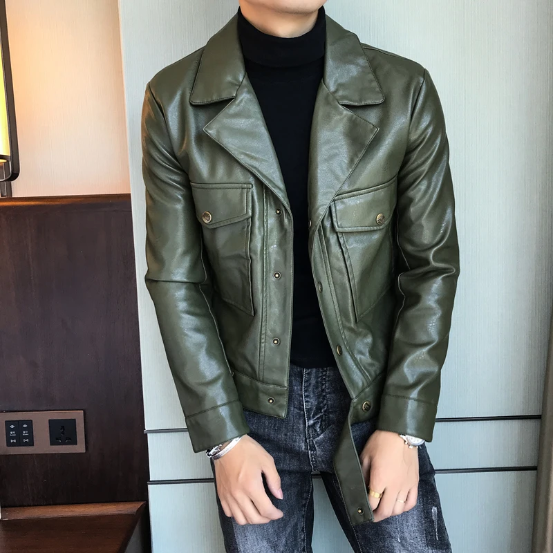 Модные мужские кожаные куртки Slim Fit зеленые мотоциклетные коричневые Deri Ceket Erkekler