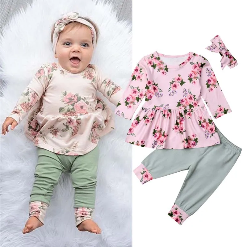 

Spring Babies Girls Clothing Sets Baby Kids Clothes Suit Children long Sleeve T-Shirt + Pants Headband roupas infantil meninas