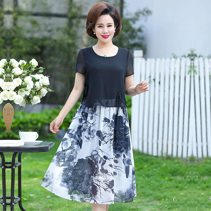 

2019 New Summer Dress Middle-aged Female Short-sleeved Large Size Floral Chiffon Dress Elegant Summer Women's Clothing 831