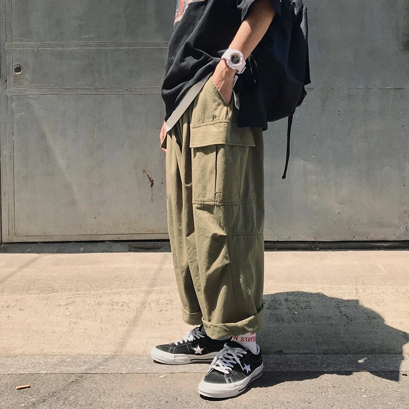 

IXCUBIC 2019 spring Korean style retro Unique pocket design Overalls pants men casual loose washing cargo pants men,M-XXL