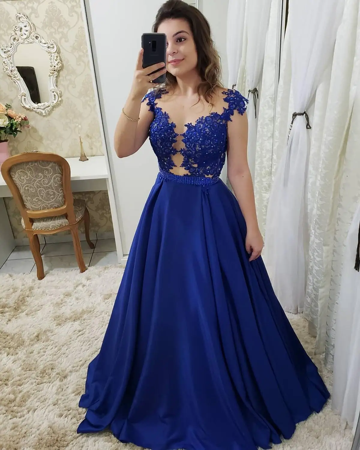 Vestidos de gala элегантное платье с коротким рукавом, кружевные Выпускные платья с аппликацией, длинное сексуальное вечернее платье трапециевидной формы с открытой спиной и поясом с бисером - Цвет: Royal Blue