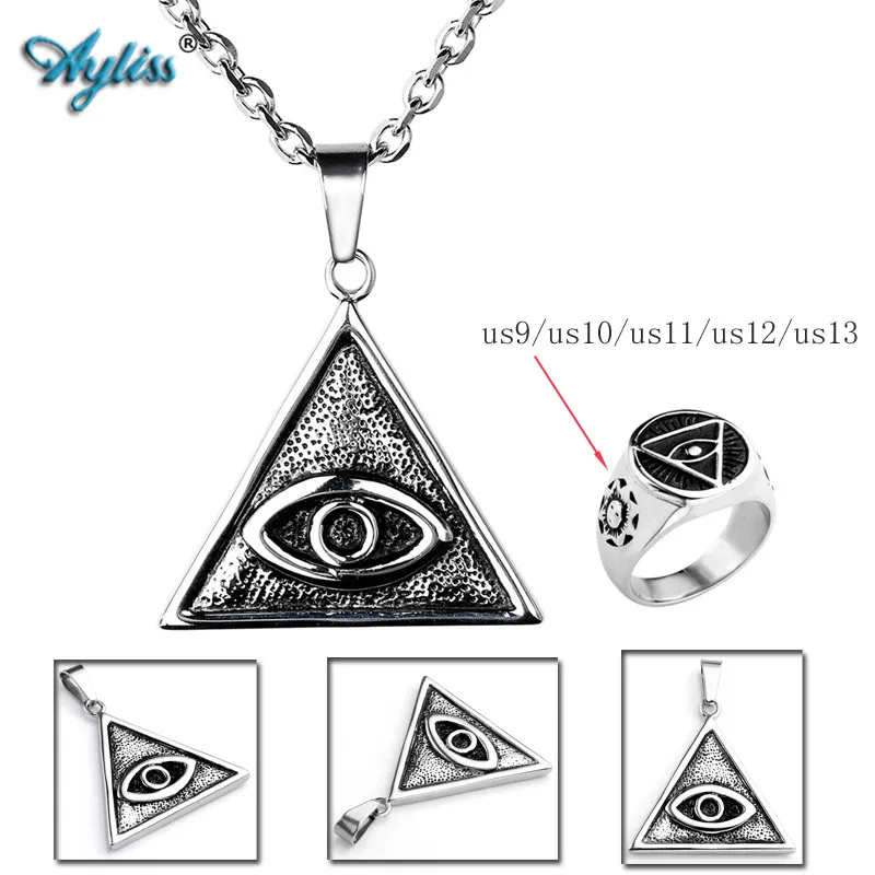 

Ayliss 2017 New Fashionable Mens Stainless Steel The All Seeing Eye Triangle Pendant Eye of God Band Ring Set US 9-13