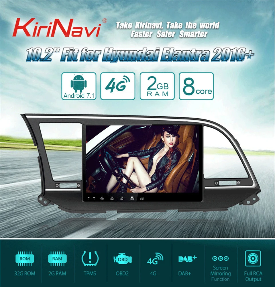 Best KiriNavi Octa Core Android 7.1 Double Din Car Stereo For Hyundai Elantra GPS Navigation DVD GPS Multimedia Audio System 2016+ BT 0