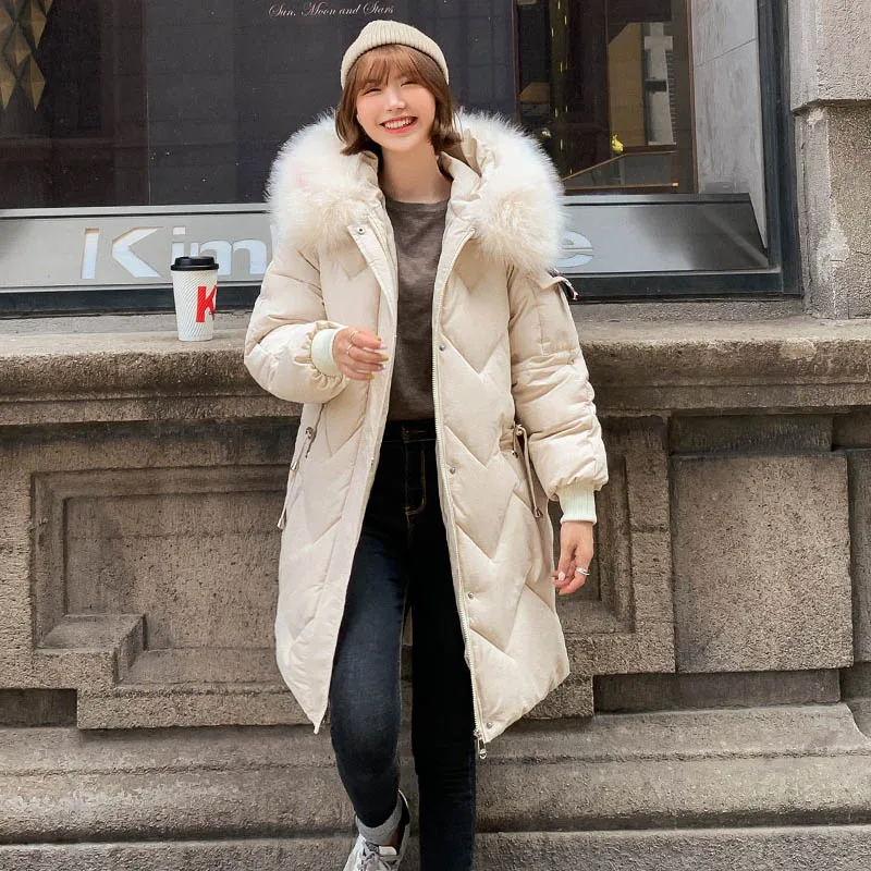 Горячая Распродажа, зимняя женская куртка, высокое качество, женская теплая плотная стеганая Женская длинная куртка с капюшоном, меховая парка - Цвет: Бежевый