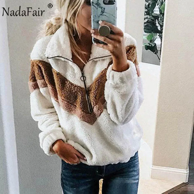 Günstige Nadafair Casual Fleece Sweatshirt Frauen 2019 Patchwork Zip Faux Pelz Übergroßen Winter Flauschigen Hoodie Weibliche Plus Größe Pullover