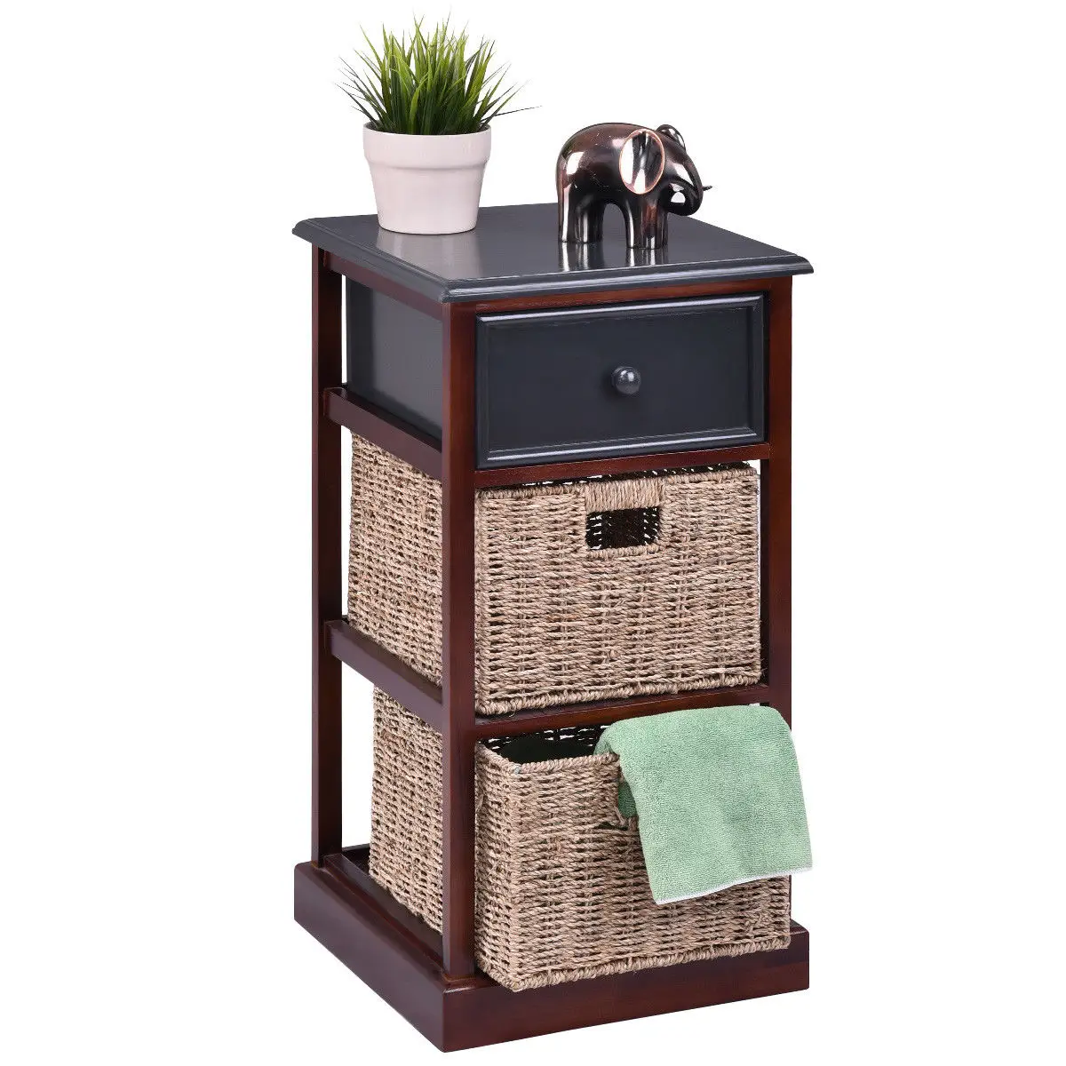 Giantex 3 Tiers Wood Nightstand with 1 Drawer 2 Baskets Modern Bedside End Table Organizer Brown Bedroom Furniture HW56724 Giantex 3 Tiers Wood Nightstand with 1 Drawer 2 Baskets Modern Bedside End Table Organizer Brown Bedroom Furniture HW56724