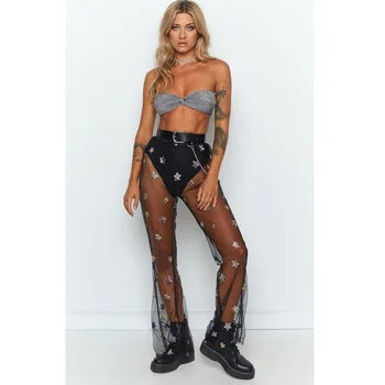 

Sexy Women Sheer Mesh Flared Trousers Holiday See Through Black Lace Beach Pants