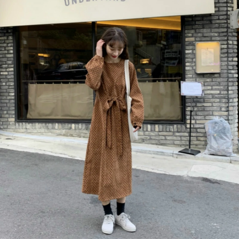 

Women Spring Long Coduroy Dress with Belt Heart-shape Vintage Maxi Vestidos Robe Femme Bodycon Sukienki Vestiti Donna