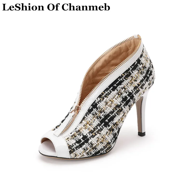 

Fashion Peep Toe Pumps Women Houndstooth Zipper Thin High Heels Shoes Spring Autumn Ladies Sexy Open Toe Pumps Shoes Size 33-42