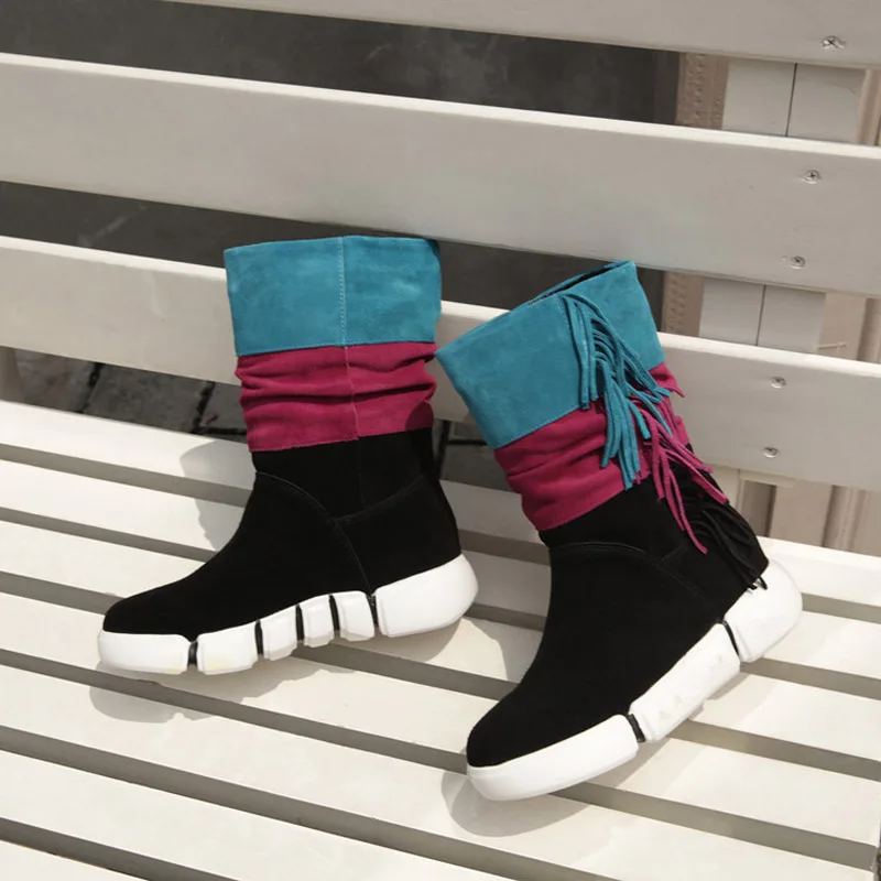 

Knsvvli fringe mid calf boots woman genuine leather 2018 new winter boots mixed color plush inside flat with short boots ladies