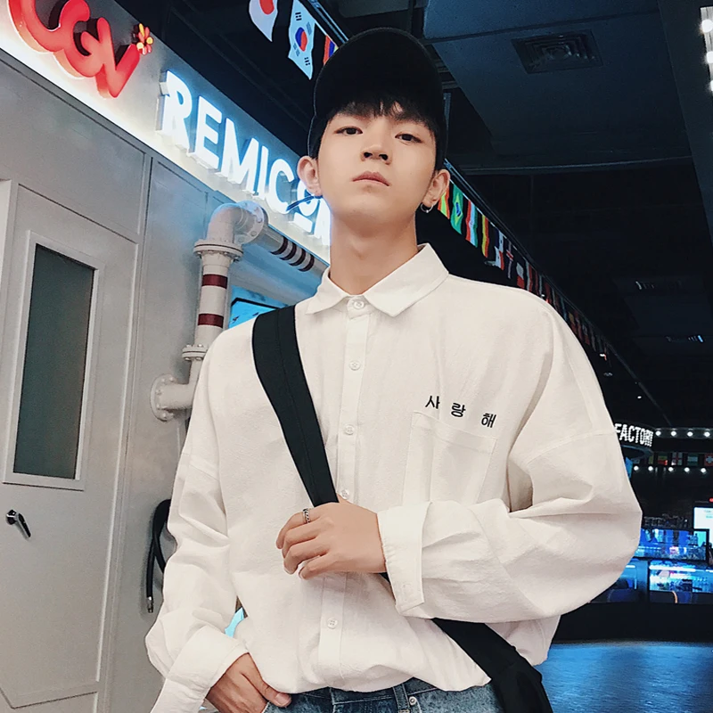 Beste Casual Katoen Effen Kleur Geborduurd Brief Revers Lange Mouwen Heren Shirt 2019 Zomer Korea Stijl Jeugd Losse Camisa Homme M 2XL