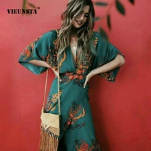 VIEUNSTA женское сексуальное платье с глубоким v-образным вырезом винтажное платье с цветочным принтом Бохо ТРАПЕЦИЕВИДНОЕ ПЛАТЬЕ лето осень с рукавами средней длины, с разрезами Длинные платья 3XL