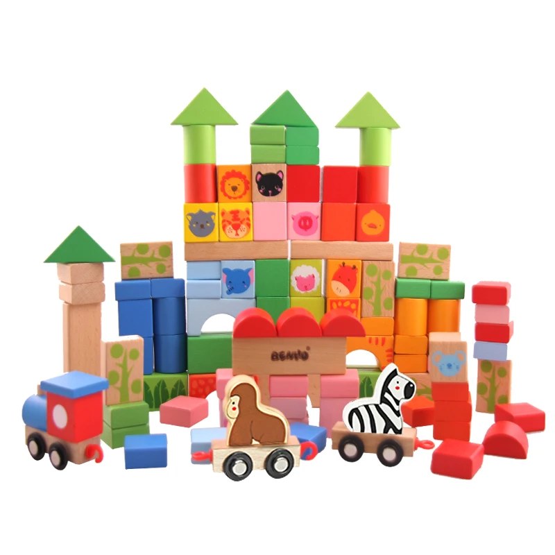 100PCS Wooden Forest Animal Toys Building Blocks for Boys and Girls