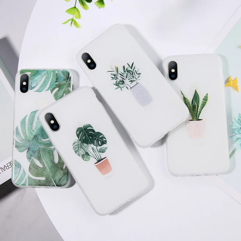 

Ottwn Creative Soft TP[U Cases For iPhone 8 7 Plus XS Max X XR Funny Cover For iPhone 6 6S Plus Potted Leaves Plant Phone Case