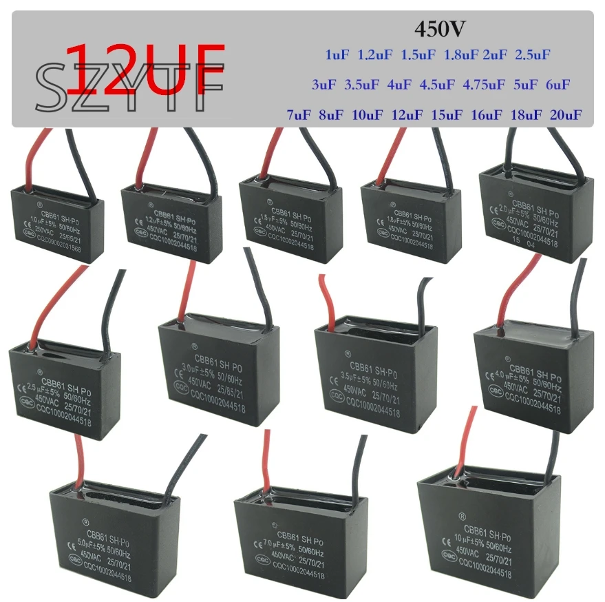 

CBB61 fan start capacitor 1uf/1.2uf/1.5uf/1.8uf/2.5uf/3uf/3.5uf/4.5uf/6uf/7uf/8uf/10UF/12uf/15uf/16uf/18uf/20uf 450V 12UFX2PCS