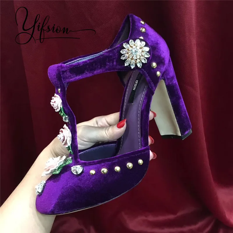 

OLOME New Spring Summer Retro Genuine Leather Women Pumps Round Toe Buckle Strap Flower Chunky High Heel Pumps Shoes Woman