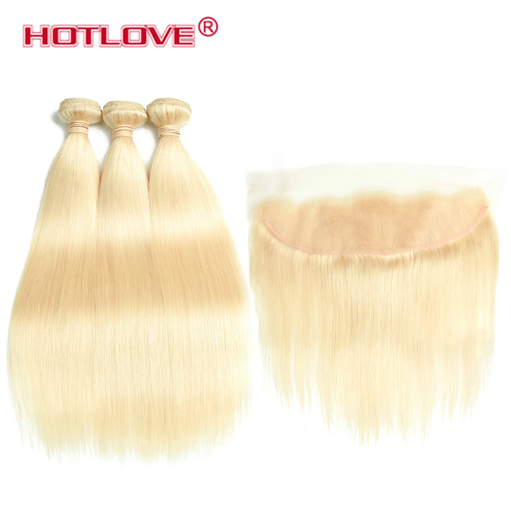 Hotlove 613 Blonde Straight Brazilian Hair Weave Human Hair Bundles with Closure 10-28 inch Remy Hair and Lace Frontal Closure
