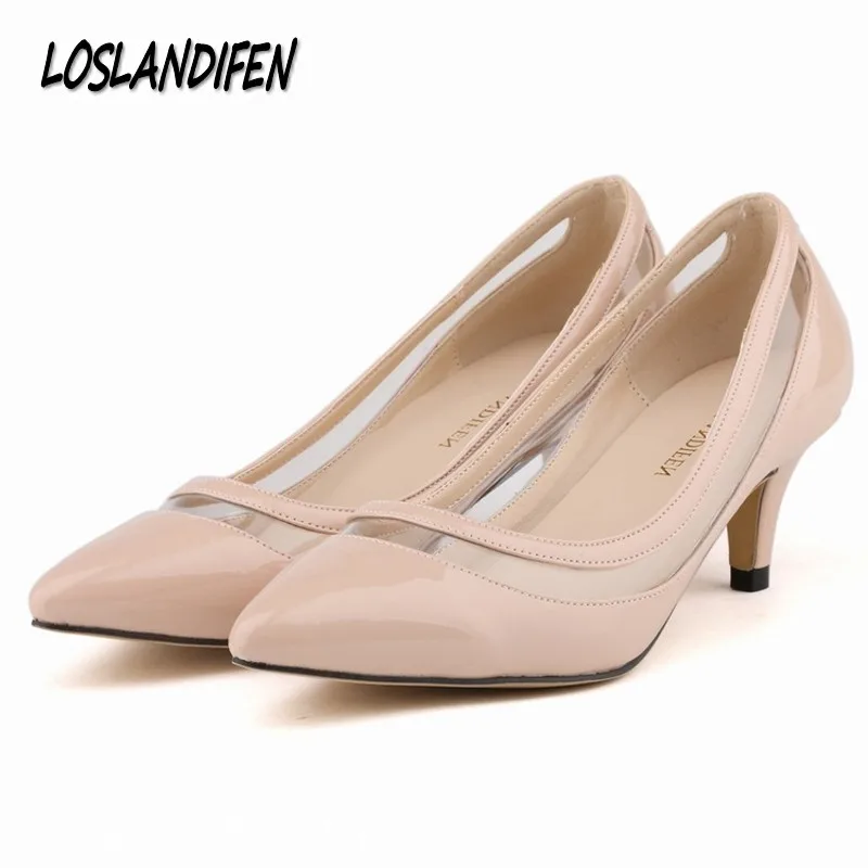 

Loslandifen fashion OL high heels shoes woman sexy patchwork pointed toe party wedding dress pumps Transparencies laides shoe