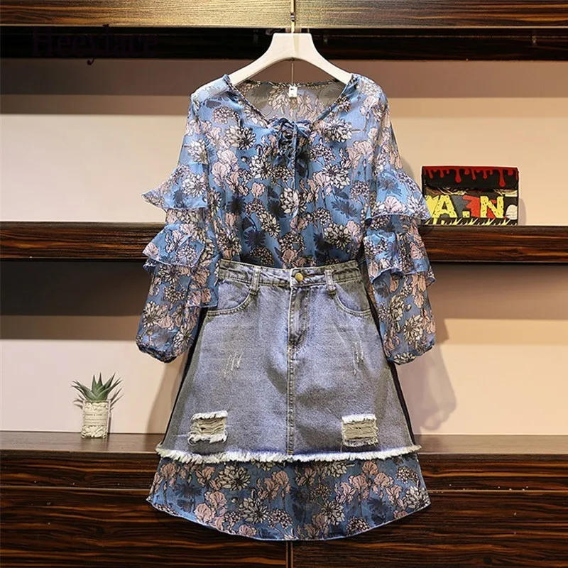 

2019 Summer Women Denim Short Set Chiffon Mesh Long Fake 2 Piece Dress Set+High Waist Pocket Tassels Patchwork Jean 2 Piece Set